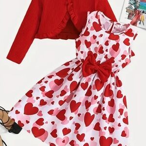 NEW Heart Print Girl's Dress with Red Cardigan Sz 5t
